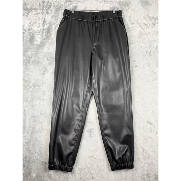 LOGO Lori Goldstein Faux Leather Joggers 10 Black Stretchy Pleather Minimalist - Picture 1 of 16